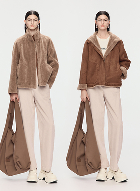 【双面穿外套】AUM噢姆2025年冬季新款卡其色短款羊毛绒感外套女