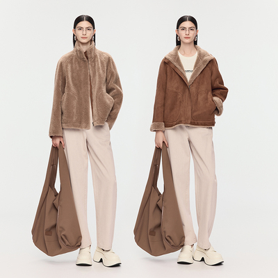 【双面穿外套】AUM噢姆2025年冬季新款卡其色短款羊毛绒感外套女