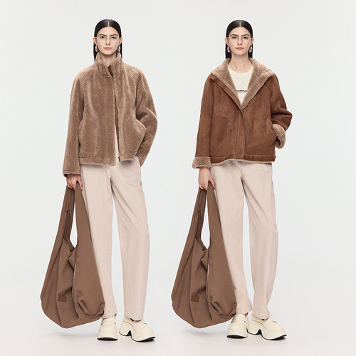 【双面穿外套】AUM噢姆2025年冬季新款卡其色短款羊毛绒感外套女