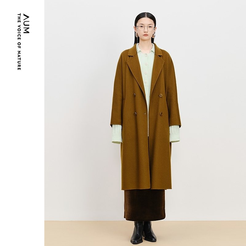 【商场同款】AUM噢姆冬季羊毛双面呢气质翻领直身长款大衣外套女