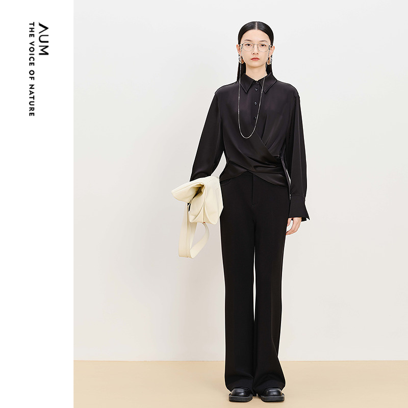 【商场同款】AUM噢姆冬季进口醋酸交叠底摆时髦衬衫黑色上衣女款