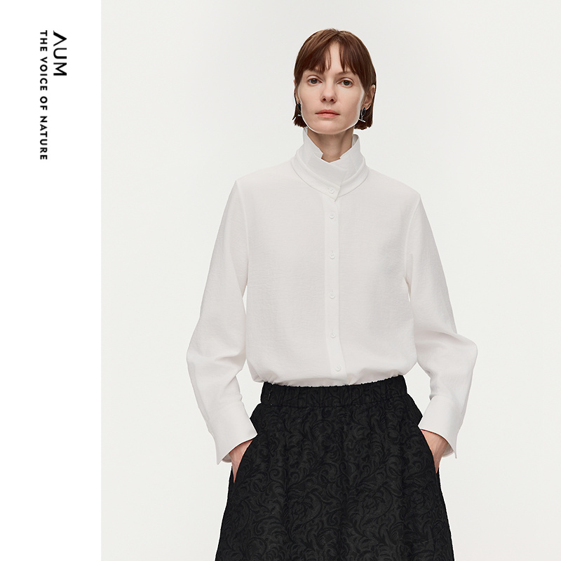 【商场同款】AUM噢姆2026年春季新款微绉肌理荷叶领白色衬衫上衣