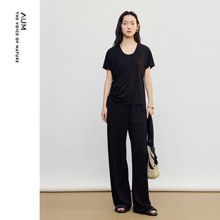 【轻松套装】AUM噢姆2026年夏季新款不规则连袖T恤上衣黑色长裤女