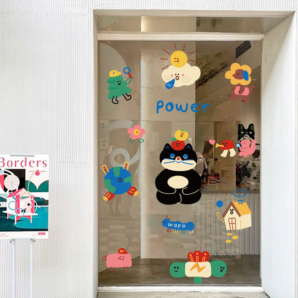 网红ins装饰插画贴纸 奶茶甜点店铺玻璃门贴卡通可爱装饰静电贴画
