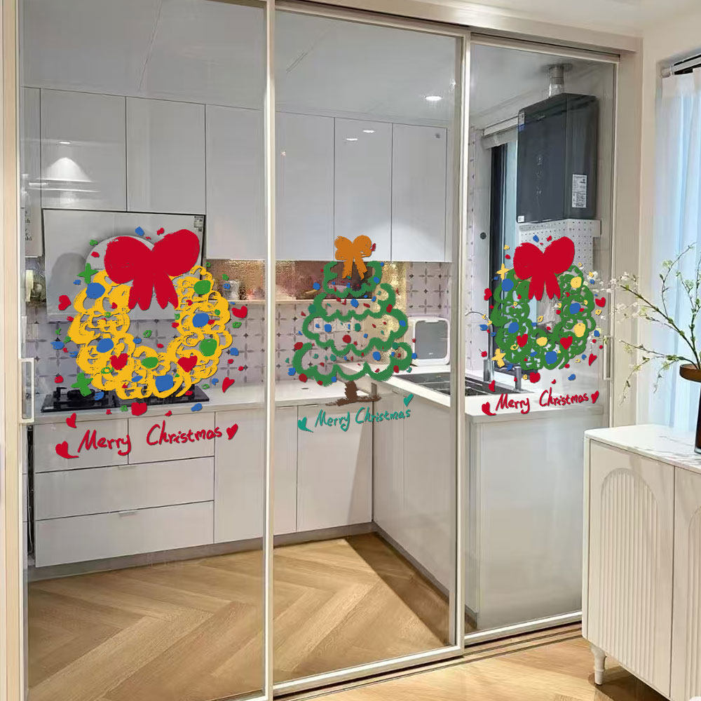 2026新年圣诞节窗花静电玻璃装饰布置窗贴门贴卡通圣诞树墙贴窗花