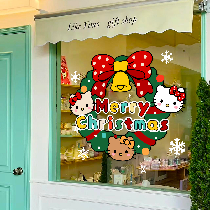2026圣诞节装饰玻璃橱画新年布置KITTY猫圣诞花环静电门贴纸窗贴