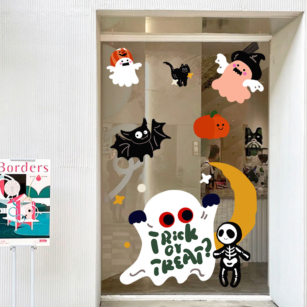 万圣节装饰静电贴纸HALLOWEEN氛围布置玻璃橱窗窗花窗贴蝙蝠僵尸