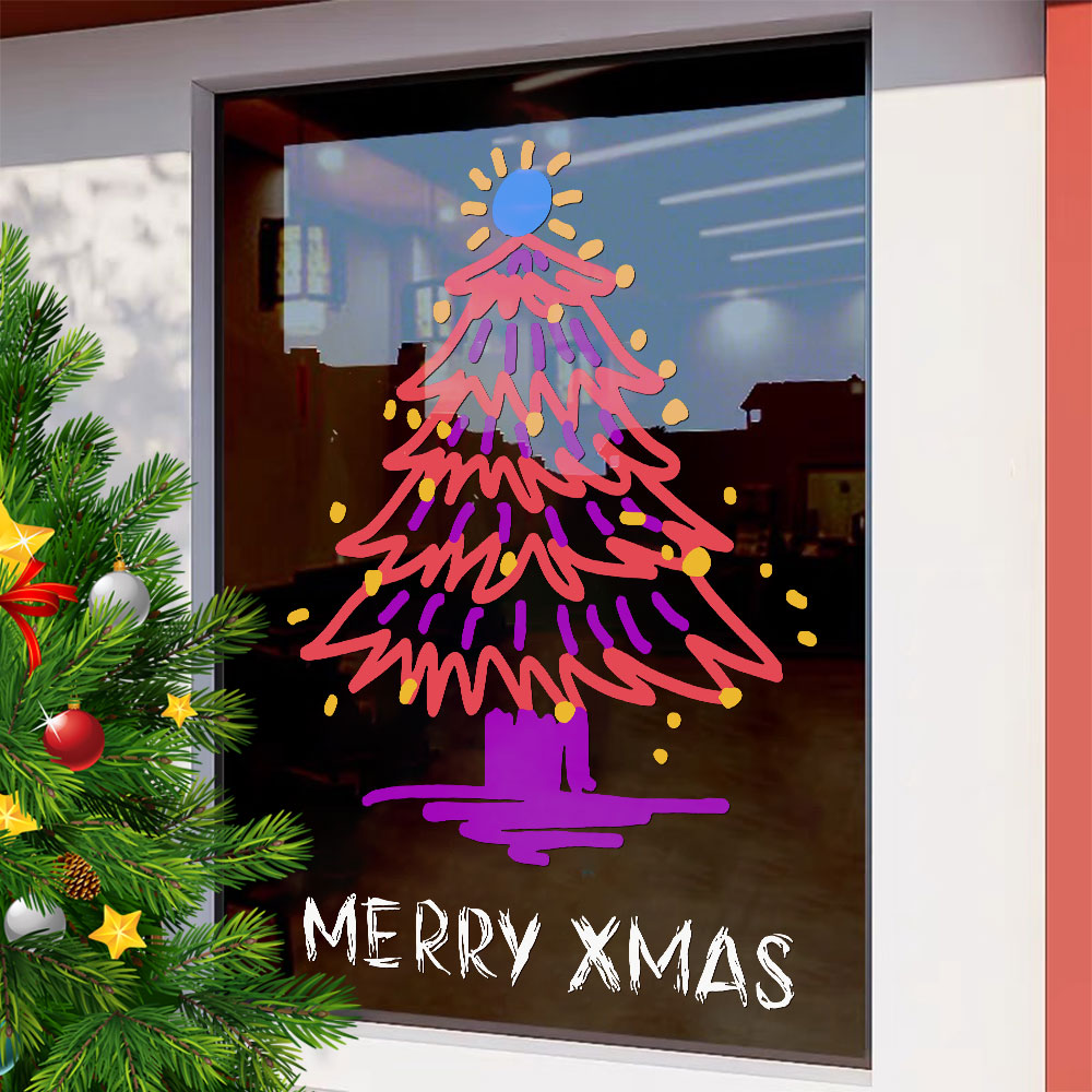 2026圣诞节装饰玻璃门贴纸场景布置窗花橱窗贴抽象圣诞树静电贴画