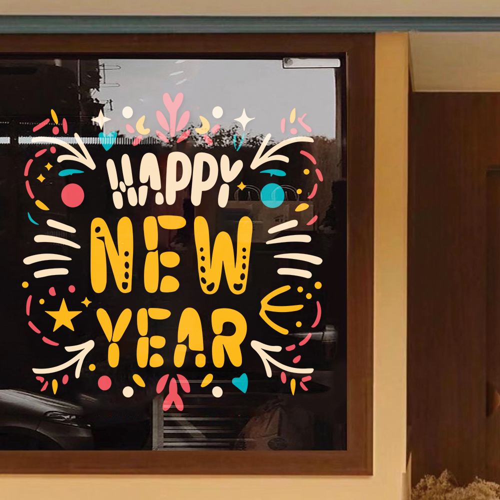 2026元旦装饰贴纸商场店铺橱窗玻璃新年马年春节创意布置静电贴画