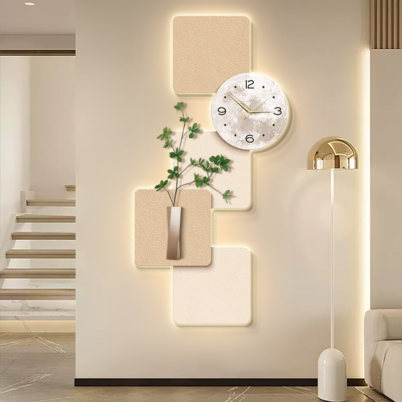 奶油风玄关装饰画带钟表创意简约走廊过道挂画高级感发光LED灯画