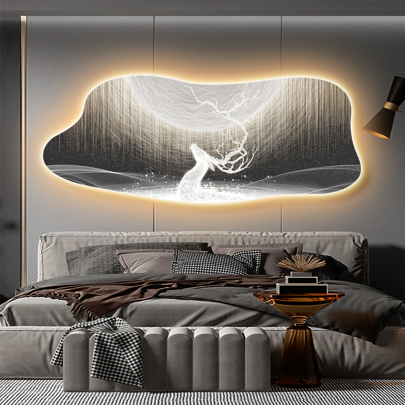现代简约卧室床头挂画轻奢麋鹿led灯壁画高级感客厅背景墙装饰画