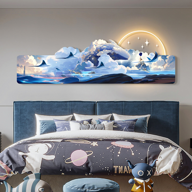 儿童房卧室装饰画创意大海鲸鱼横版挂画卡通主卧床头带灯发光壁画