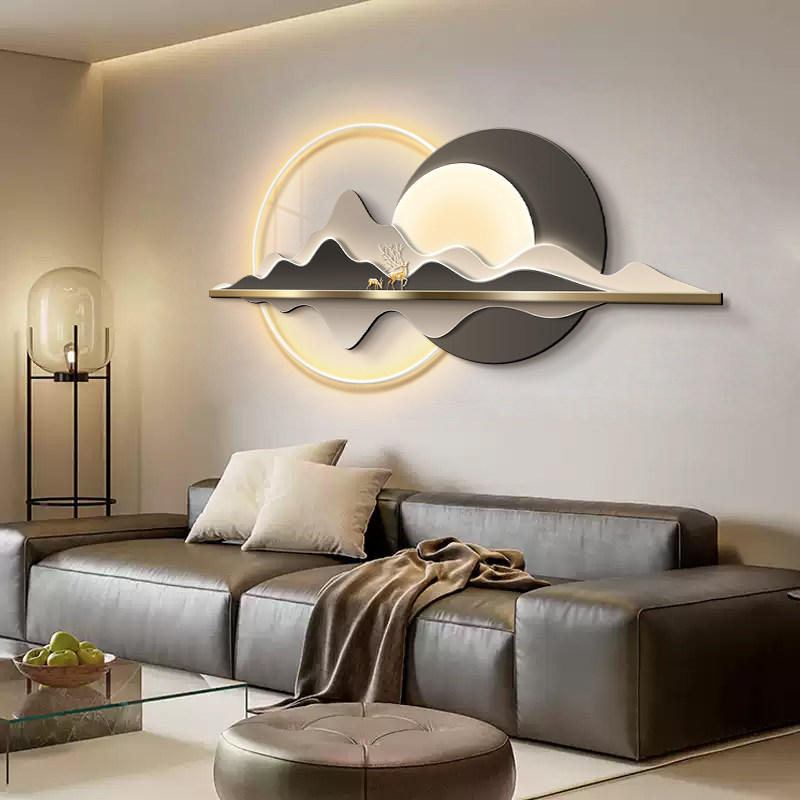 现代轻奢客厅装饰画山水福禄沙发背景墙挂画简约高级感发光壁灯画