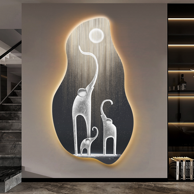 现代轻奢入户正对门玄关装饰画大象led带灯壁画创意走廊过道挂画