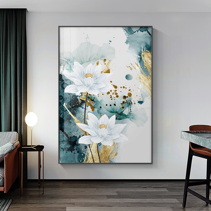 新中式荷花入户玄关装饰画现代简约走廊过道茶室挂画壁画轻奢大气图片