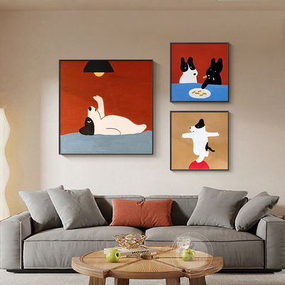 多巴胺客厅组合装饰画卡通小狗饭厅壁画儿童房卧室床头正方形挂画