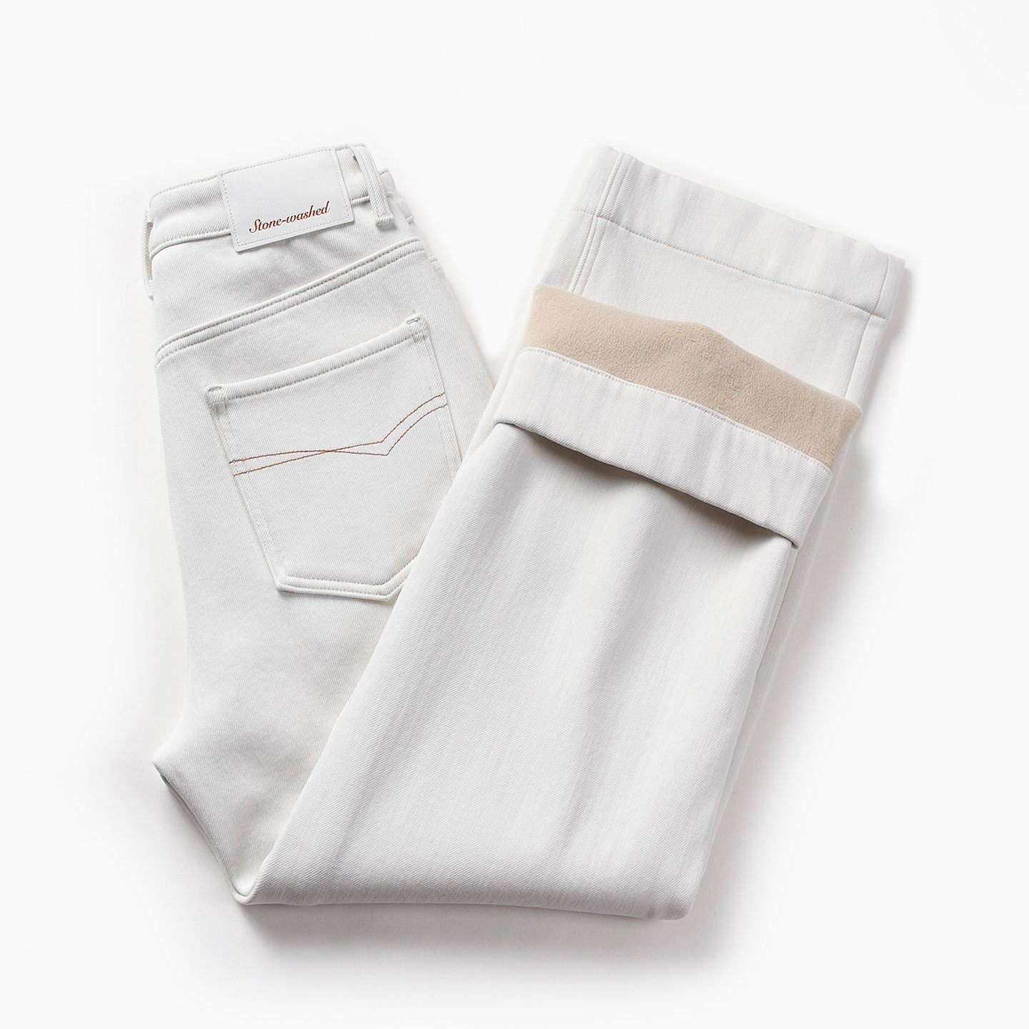 白色加绒加厚直筒牛仔裤女小个子