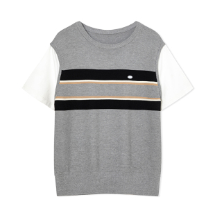 灰色圆领假两件T恤女宽松2025年夏季 针织上衣 新款 设计感小众短袖