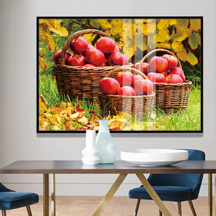 三篮苹果草地风景装饰画平平安安红红火火挂画家庭餐厅厨房晶瓷画