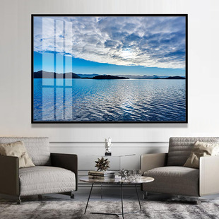 深蓝色宁静湖水风景装饰画公司办公室晶瓷画商务酒店客房过道挂画