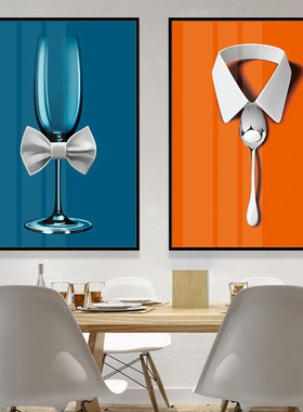 北欧蓝色高脚香槟杯装饰画轻奢橙色勺子领结晶瓷画法国西餐厅挂画