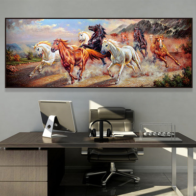 现代中式策马奔腾骏马狂奔装饰画老板办公室茶桌背景墙长幅晶瓷画