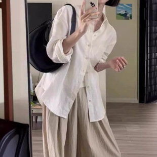 日系复古白色棉麻防晒长袖衬衫女秋季宽松小个子薄款亚麻衬衣上衣