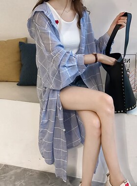春夏女装新款宽松慵懒BF格子衬衫女中长款上衣港味连帽外套