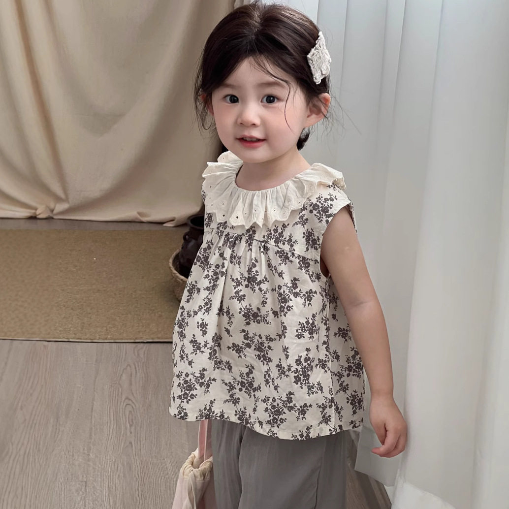 麦田季2025夏季新款韩国童装女童森系碎花衬衫儿童洋气花边领上衣