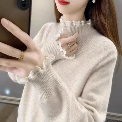 大朗毛衫蕾丝半高领长袖针织打底衫秋冬内搭宽松上衣中领毛衣女