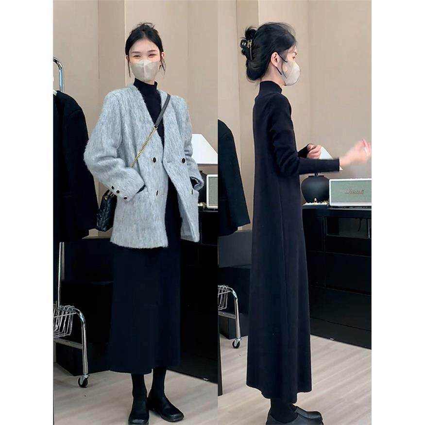 赫本风格法国黑色高领针织连衣裙2025秋冬新款高端内长裙