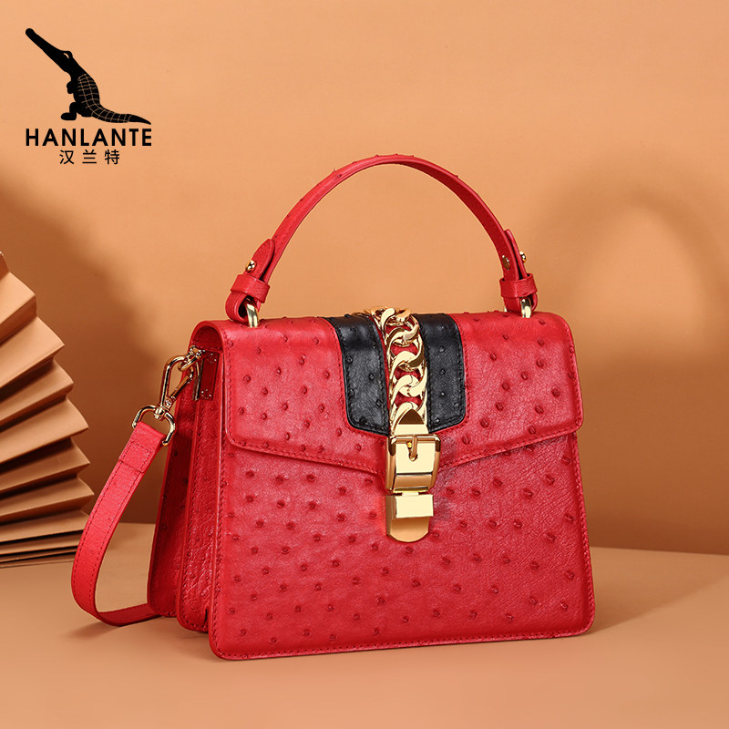 汉兰特鸵鸟皮包包女手提斜挎包真皮正品鳄鱼肚皮时尚风琴包单肩包