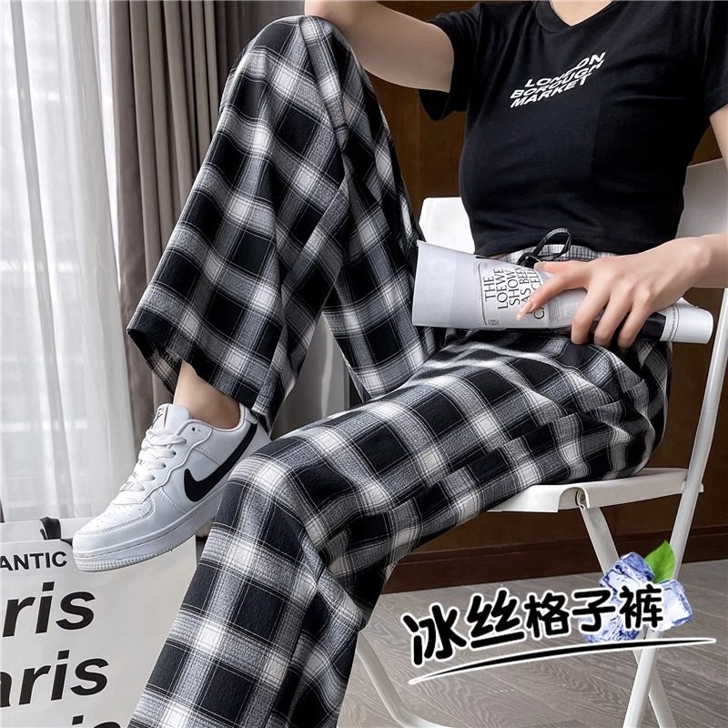 日系冰丝格子裤子女夏季薄款高腰垂感小个子凉凉休闲直筒阔腿女裤