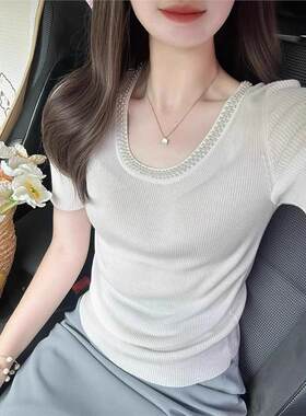 u领冰丝针织衫短袖t恤女修身上衣