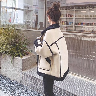 日系皮毛一体羊羔毛外套女冬季新款设计感拼接撞色加厚机车服棉衣