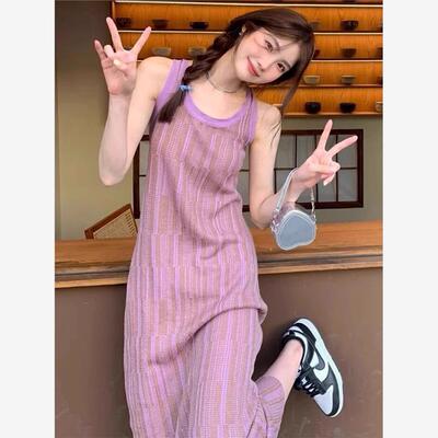 紫色无袖背心吊带连衣裙新款夏女