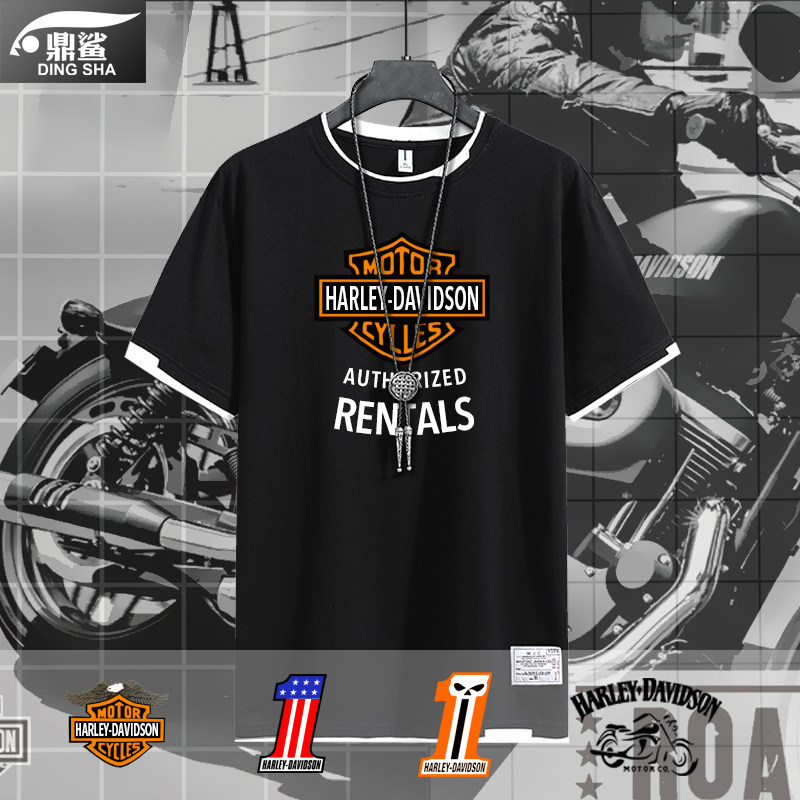 哈雷摩托车重机车周边假两件短袖t恤衫男女纯棉半截袖衣服可定制