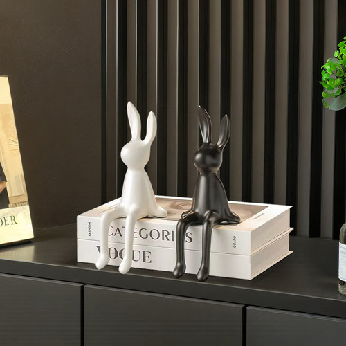 现代轻奢黑白坐姿兔子摆件客厅玄关酒柜书房卧室家居装饰品摆件