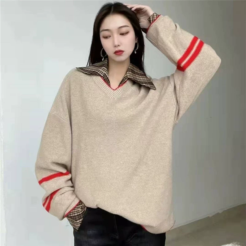 阿玛施女装宽松条纹针织衫V领秋