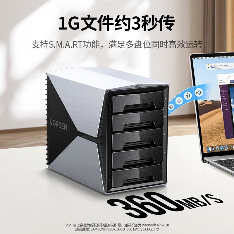 绿联CM292 五盘位3.5英寸磁盘阵列盒适用3.5/2.5英寸SATA【有RAID