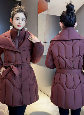 慵懒风翻领中长款大码显瘦棉服女