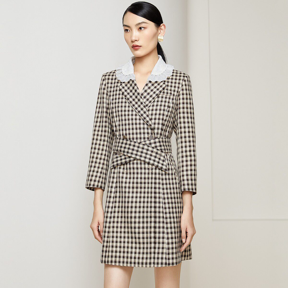 茜舞格子连衣裙女2024时尚撞色拼接领中长裙【313513】