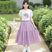 中大童女孩洋气夏装 女童休闲纯色半身裙儿童裙子夏季 百搭新款 长裙