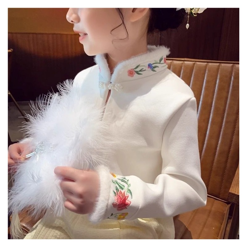 女童中国风刺绣上衣新中式小女孩加绒打底衫儿童T恤冬装洋气新款