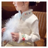 女童中国风刺绣上衣新中式 洋气新款 小女孩加绒打底衫 儿童T恤冬装