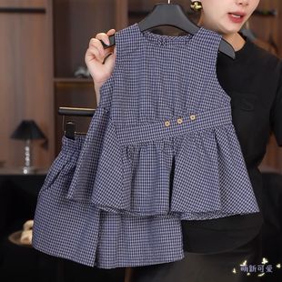 女童格子背心短裤套装夏季百搭新款收腰花边无袖娃娃衫两件套洋气