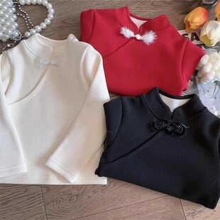 女童新中式盘扣加绒打底衫百搭冬季新款宝宝过年童装保暖上衣T恤