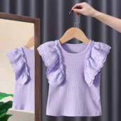 无袖 女童甜美背心夏季 蕾丝飞袖 娃娃衫 T恤百搭网红中小童t 上衣韩版