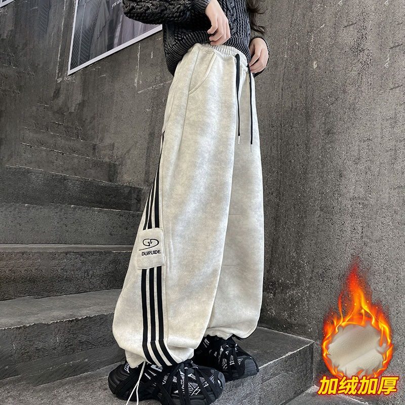 女童秋冬加绒裤子网红爆款中大童宽松阔腿裤一体绒运动裤加厚卫裤图片