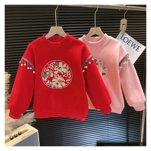 女童加绒卫衣冬装新款洋气儿童一体绒国风卫衣小女孩喜庆拜年上衣